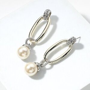 Two Tone Oval Cream Pearl Drop Earrings